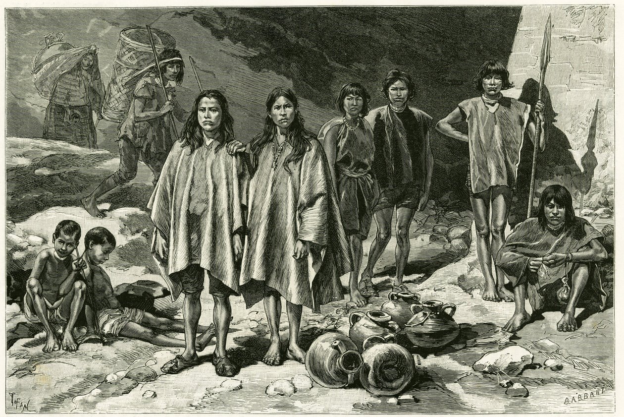 Tipos de indios de las Cordilleras de Ecuador, a la izquierda, en el fondo, Yumbos de Nanegal, en primer plano Lojanos, en el medio una pareja de Zaparos, a la derecha, guerreros Jívaros. Grabado por Tofani, basado en documentos, para ilustrar la historia de Oswaldo Tofani