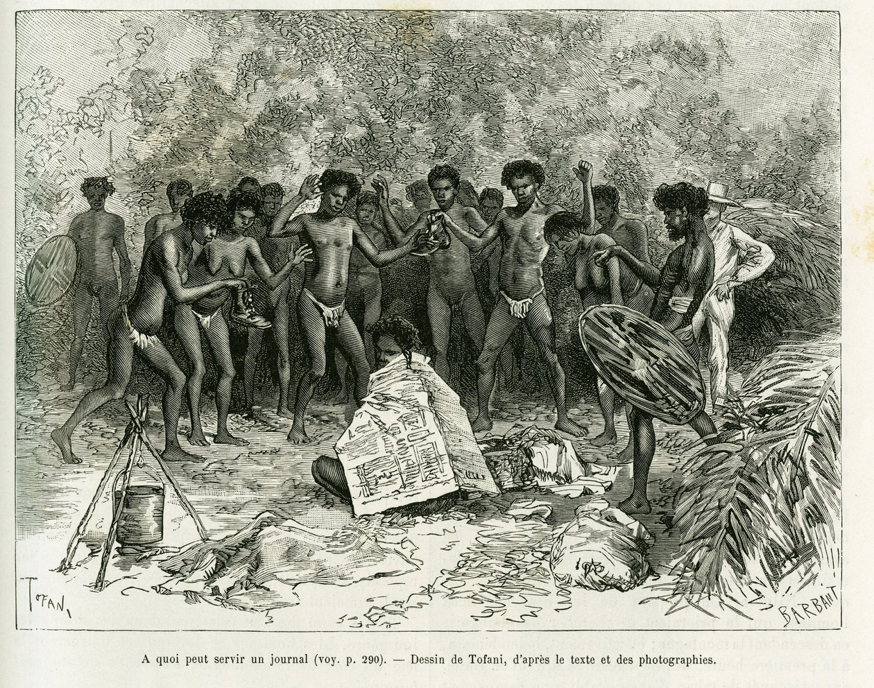 ¿Para qué puede servir un periódico? Grabado por Tofani, para ilustrar la historia Chez les cannibales, Viaje en el noreste de Australia de Oswaldo Tofani
