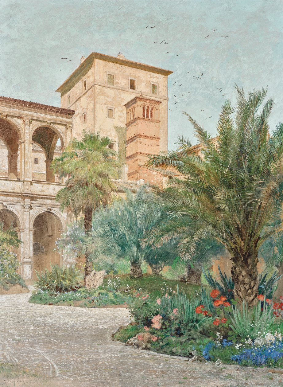 Vista de la embajada en Roma: jardín con vista a las arcadas de Othmar Brioschi