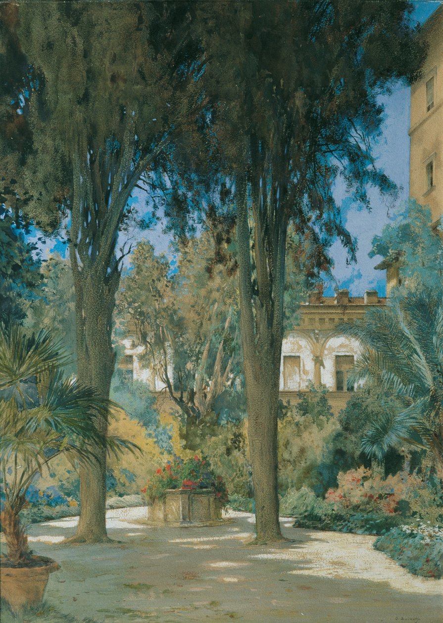 Vista de la embajada en Roma: zona ajardinada con dos cipreses de Othmar Brioschi