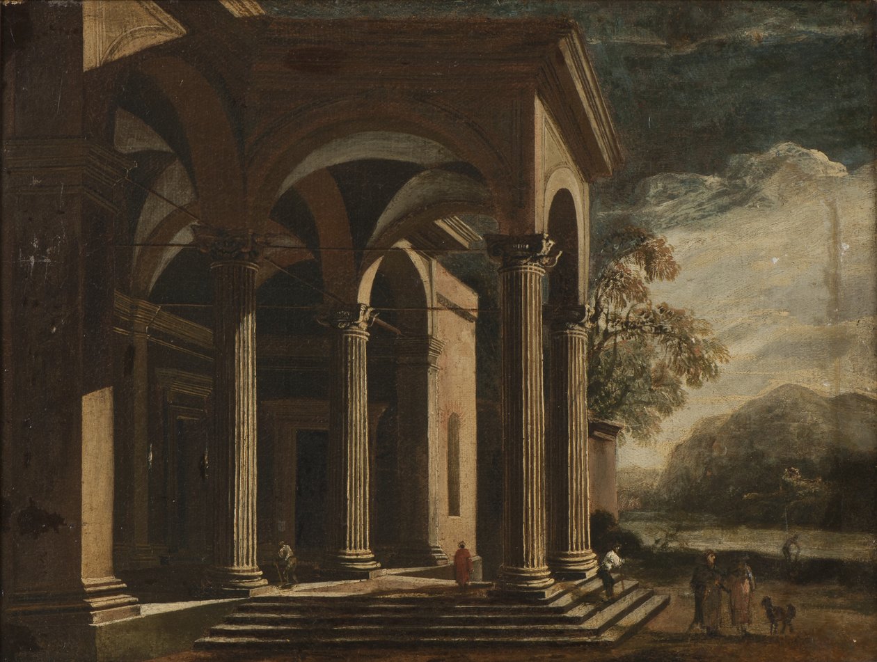 Palacio de fantasía arquitectónica en un paisaje (óleo sobre lienzo) de Ottavio Viviani