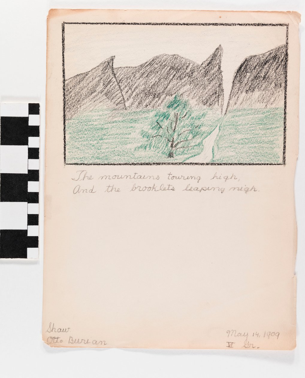 Ilustración a lápiz sobre papel de montañas con poema abajo de Otto Burian