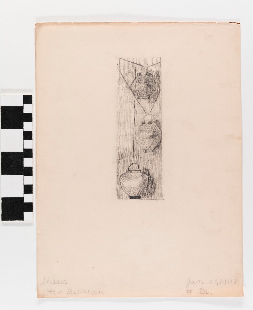 Dibujo a lápiz de tres lámparas colgantes en papel de Otto Burian
