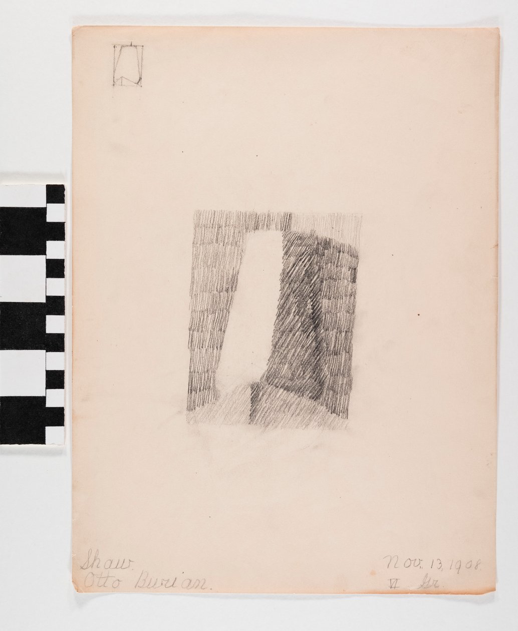 Dibujo a lápiz en papel de una puerta con sombreado en el centro y pequeño contorno de una puerta en la esquina superior derecha de la página de Otto Burian