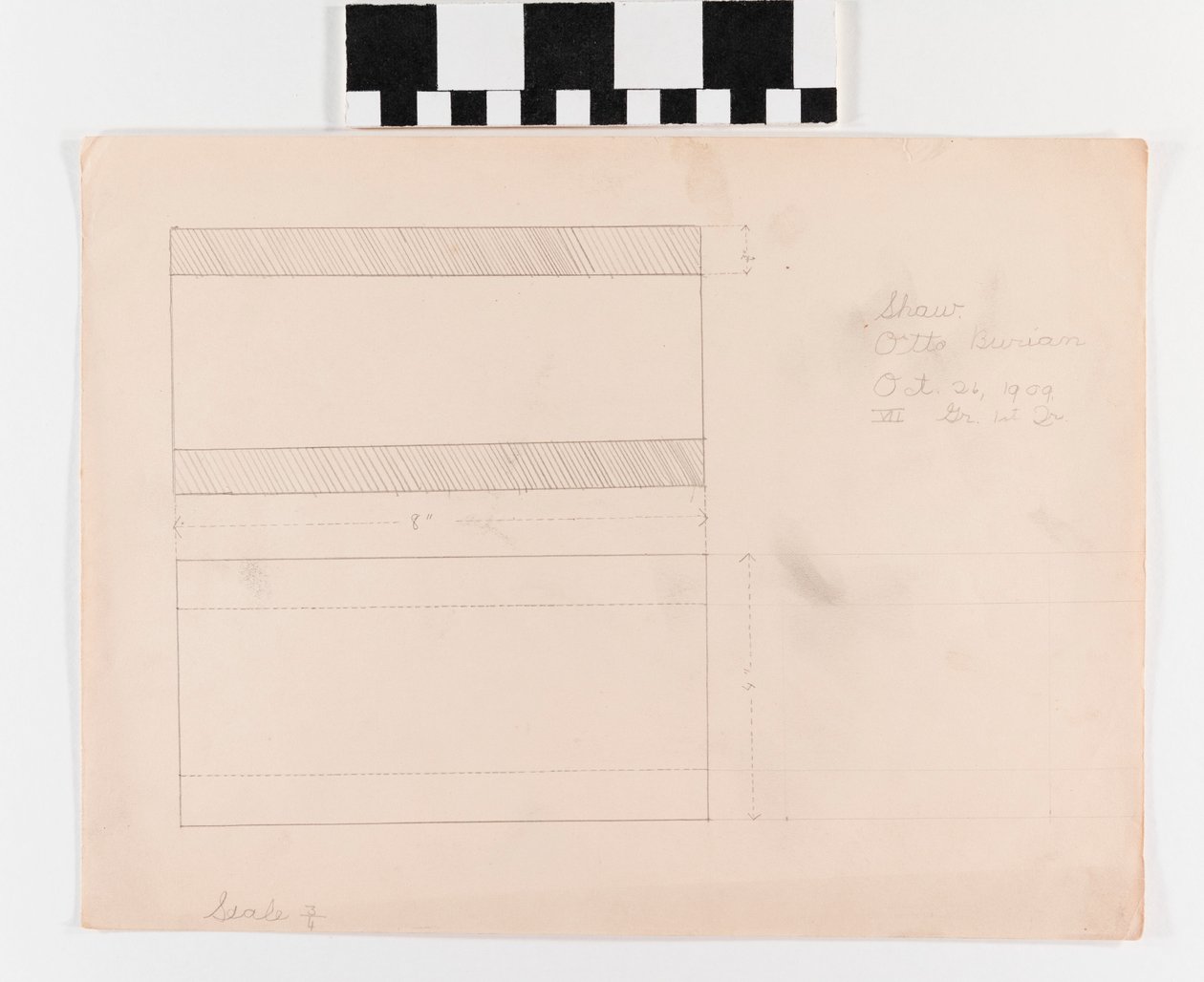 Dibujo a lápiz en papel de dos rectángulos con medidas de Otto Burian