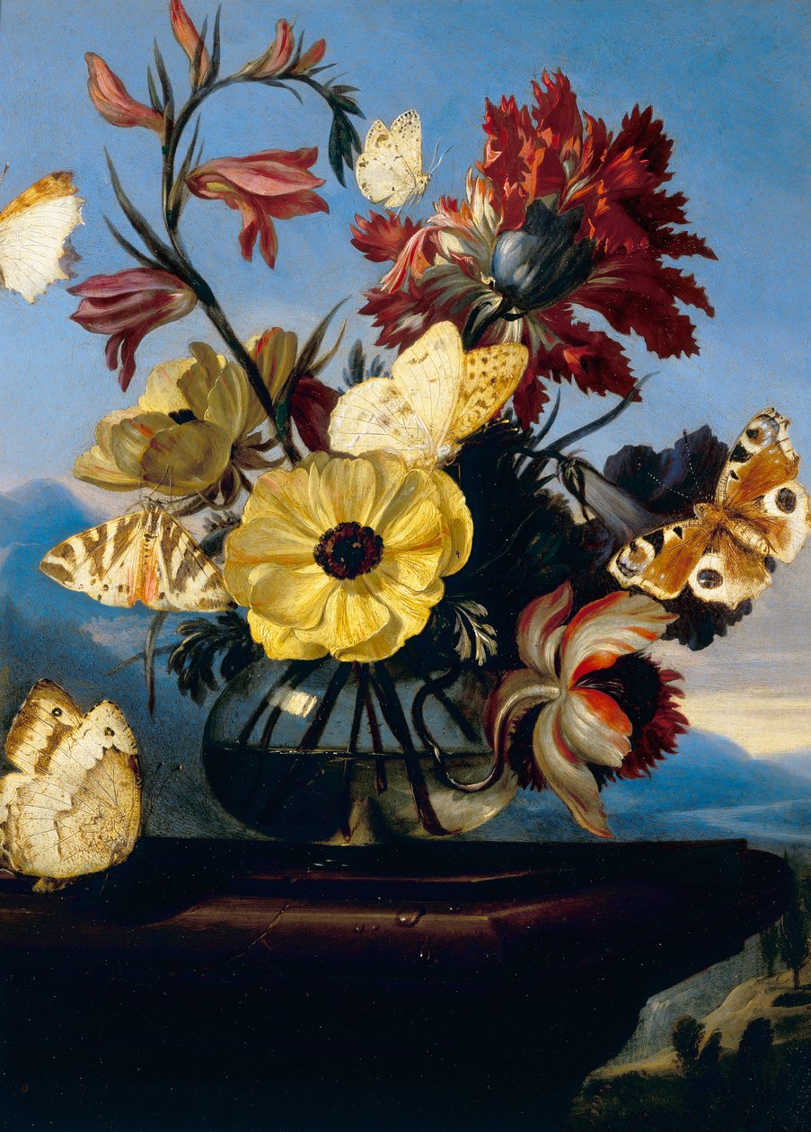 Jarrón de flores con una mariposa de Otto Marseus  van Schrieck