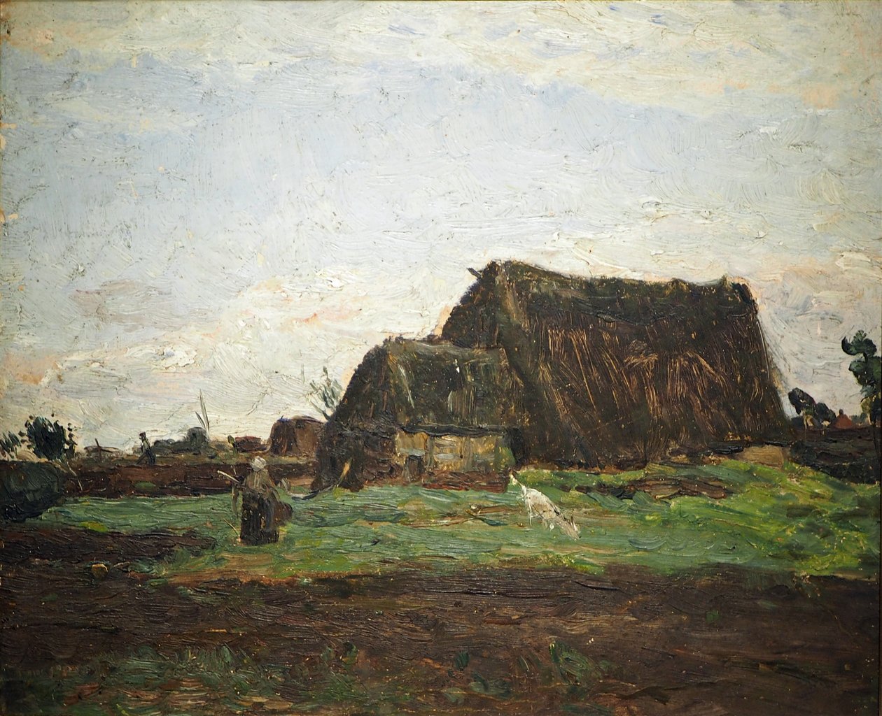 Cabaña en el páramo con mujer y cabra de Otto Modersohn