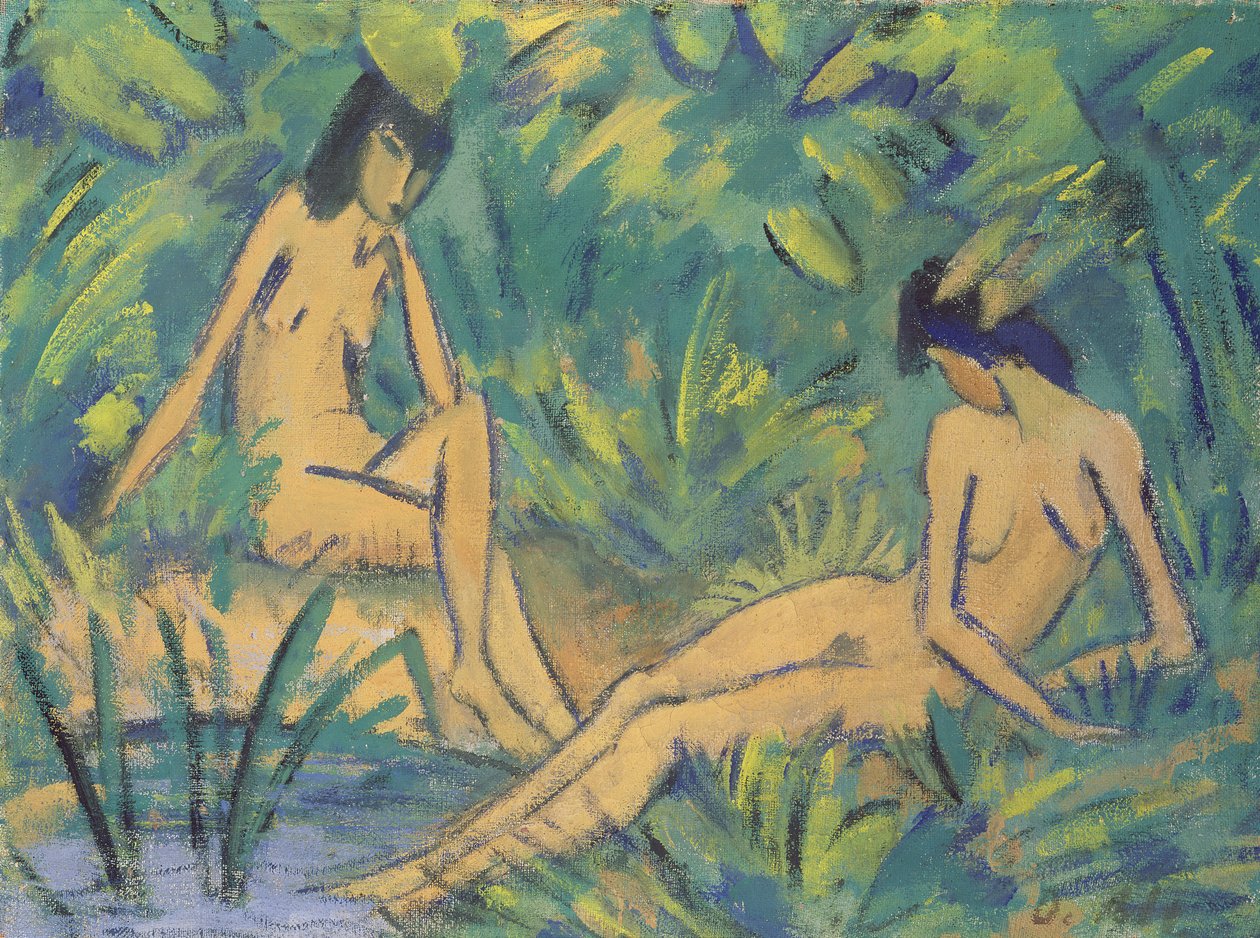 Chicas sentadas junto al agua, c.1920 de Otto Mueller