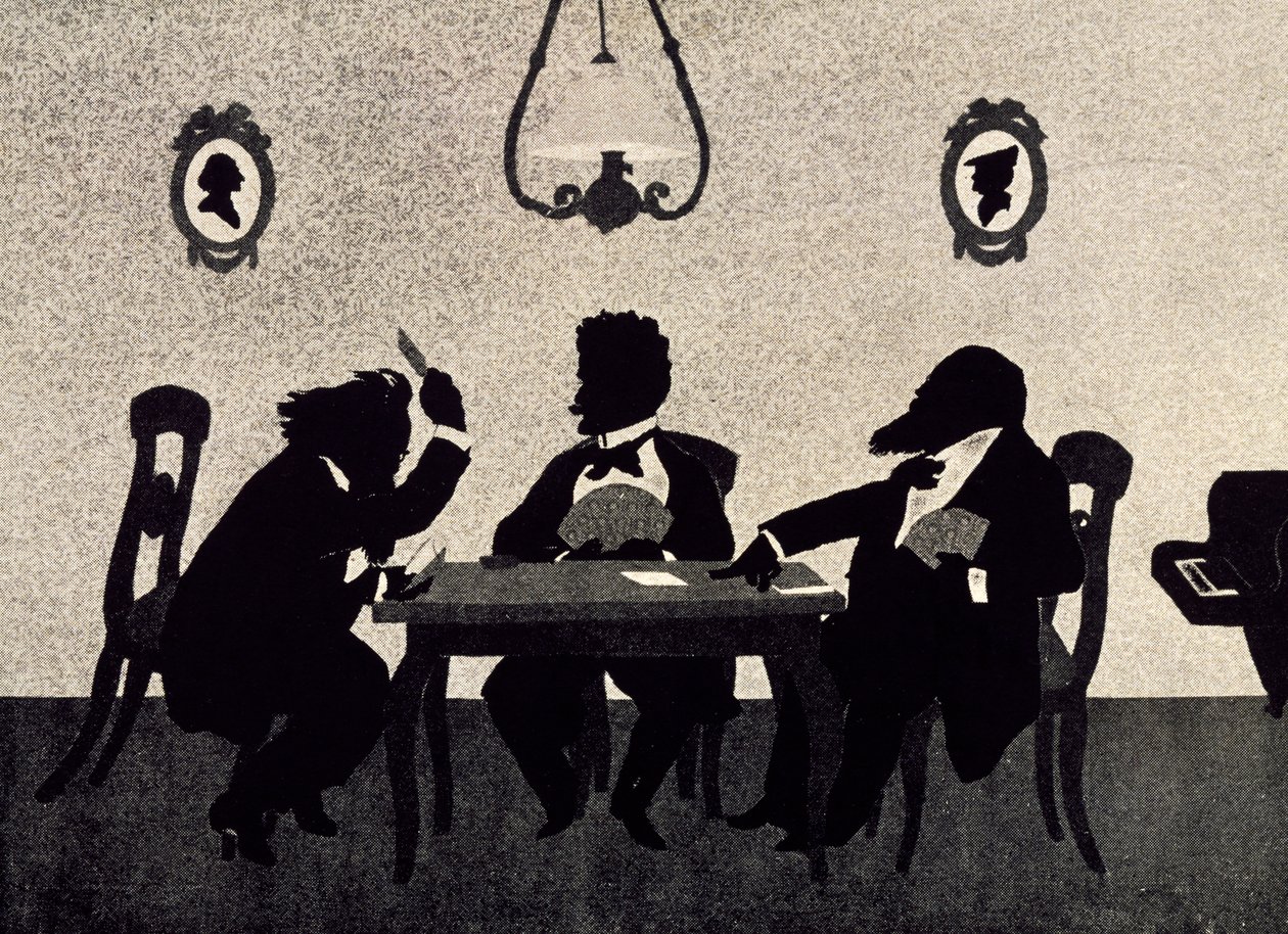 Juego de cartas entre Johannes Brahms (1833-1897), Richard Strauss (1864-1949) y Hans Richter (1843-1916), silueta negra de Otto Bohler (1847-1913) de Otto Bohler