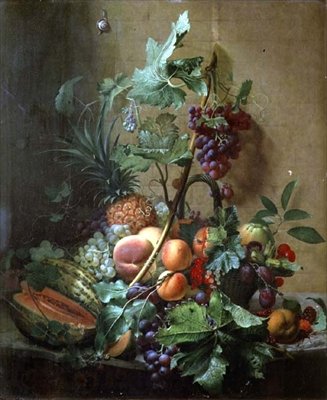 Naturaleza muerta de un melón, ciruelas, duraznos de Otto Didrik Ottesen