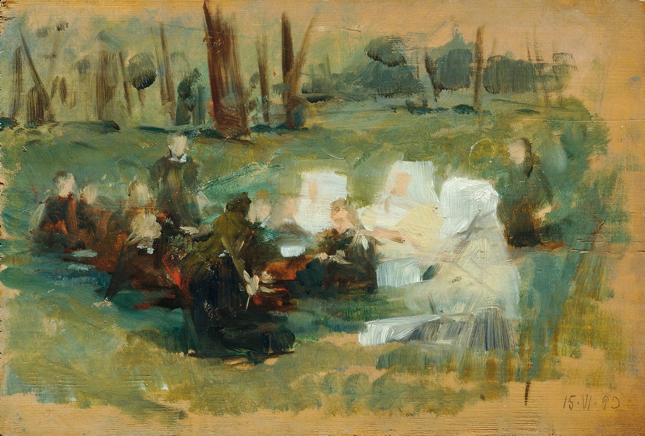 Grupo de niños con tres monjas vestidas de blanco y un sacerdote en un prado forestal al sol de Otto Friedrich