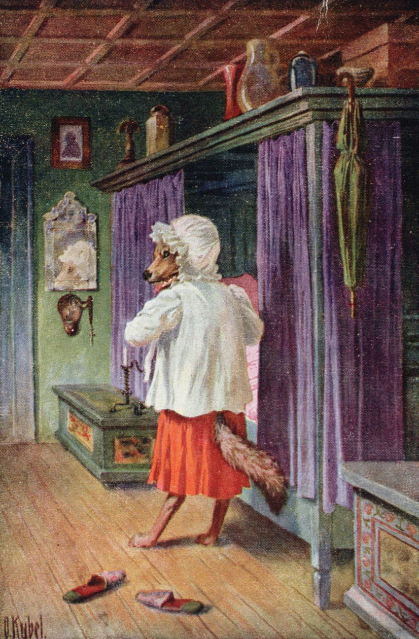 Tarjeta postal con el lobo disfrazado de la abuela de Caperucita Roja (litografía en color) de Otto Kubel