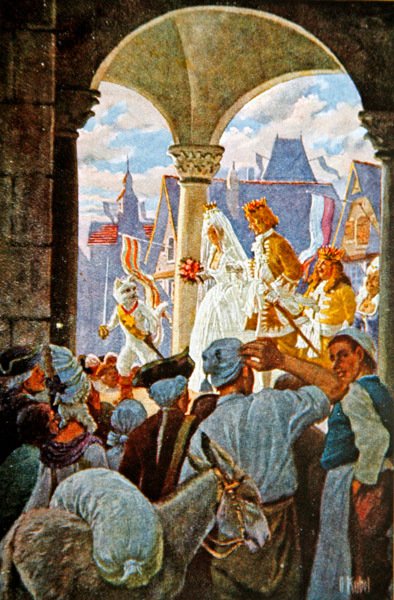 El matrimonio del marqués de Carabás y la princesa, ilustración de "El gato con botas", principios del siglo XX (litografía en color) de Otto Kubel