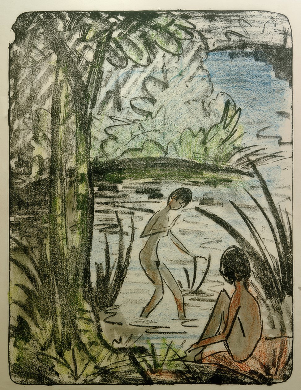 Sentadas y bañistas con árbol de Otto Mueller