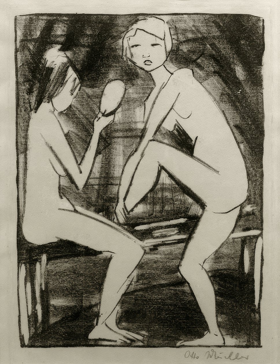 Dos desnudos con espejo de mano II de Otto Mueller