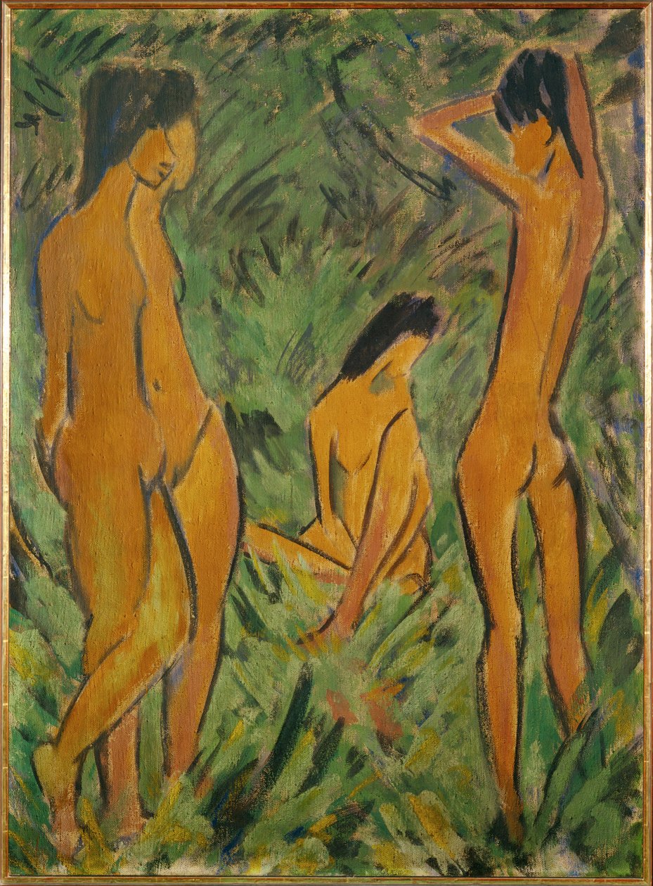 Niño delante de dos niñas, una de pie y otra sentada (moquillo sobre arpillera) de Otto Muller or Mueller