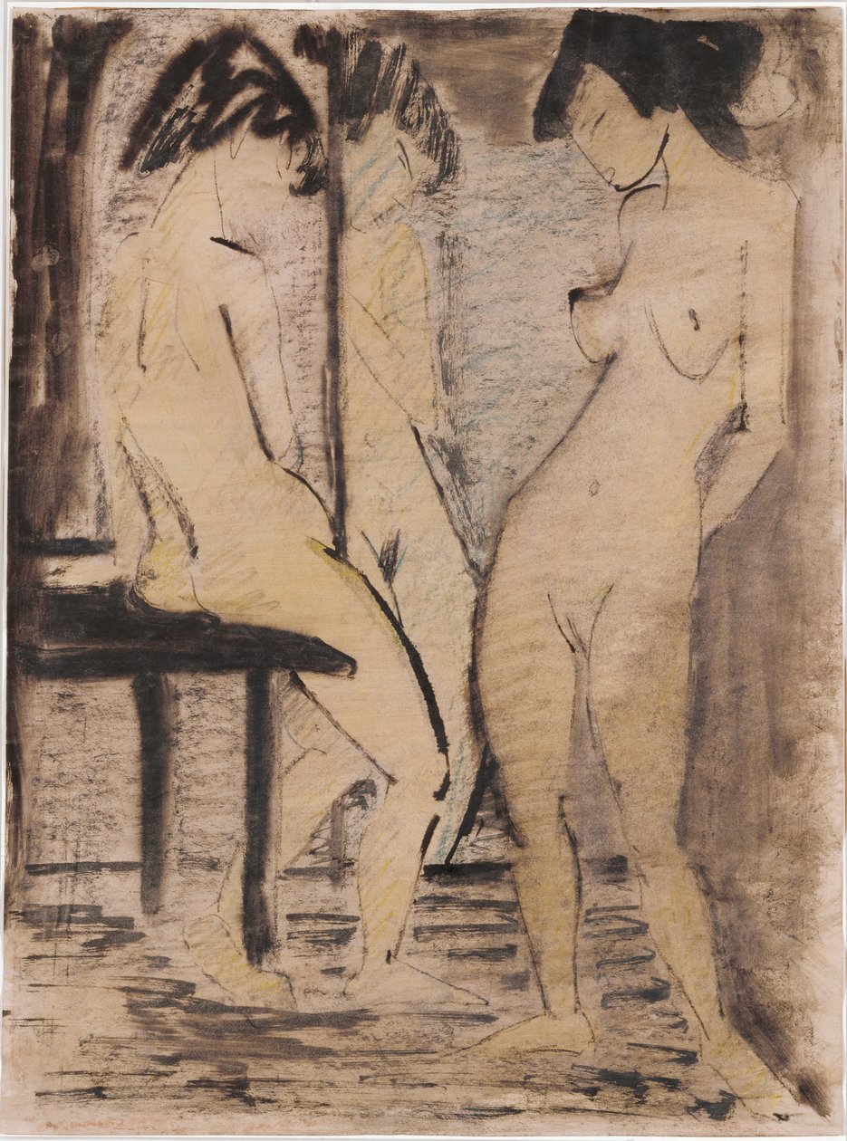 Tres desnudos femeninos (acuarela, tiza sobre papel) de Otto Muller or Mueller