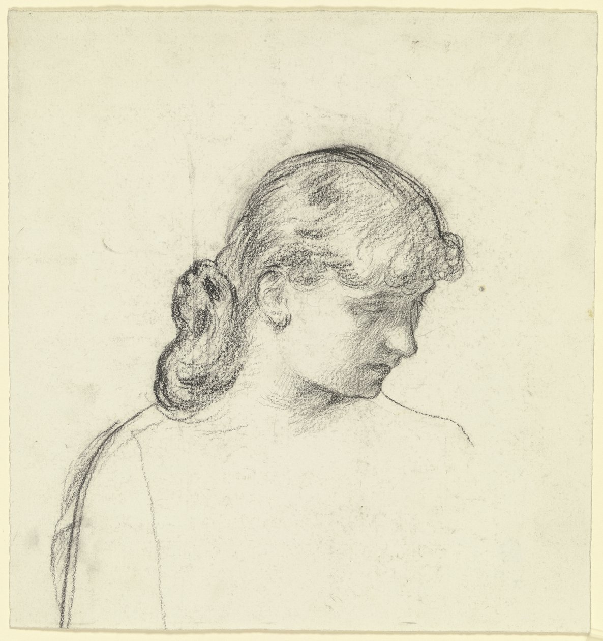 Cabeza de la mujer de pie junto a la silla, de la obra «Preparativos para el baile de disfraces» de Otto Scholderer