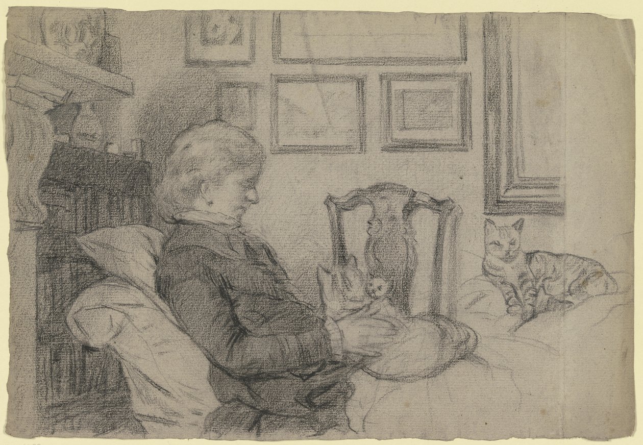 Luise Scholderer junto a la chimenea con muchos gatos de Otto Scholderer