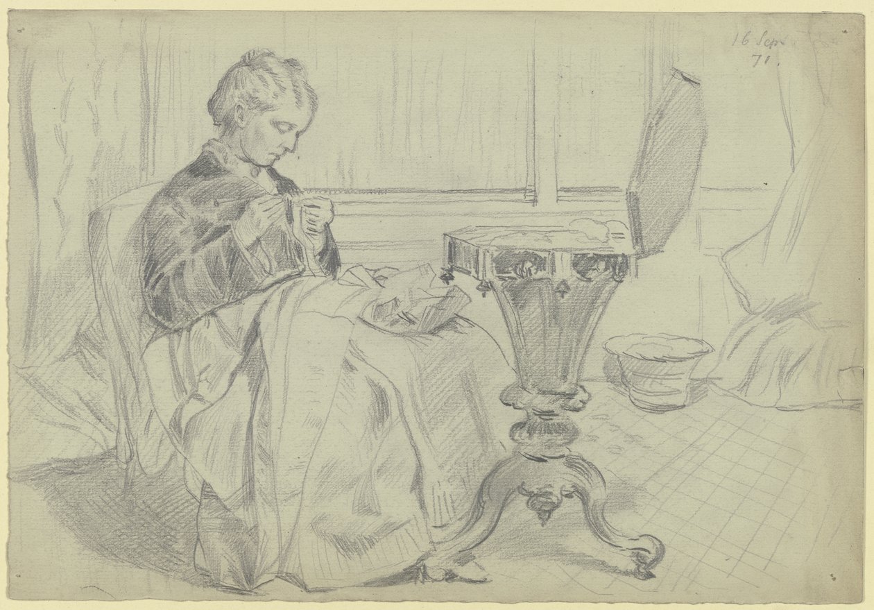Luise Scholderer en la mesa de costura, con una labor manual de Otto Scholderer