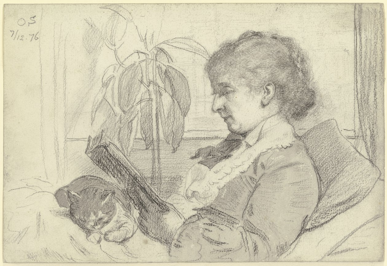 Luise Scholderer leyendo con su gato de Otto Scholderer