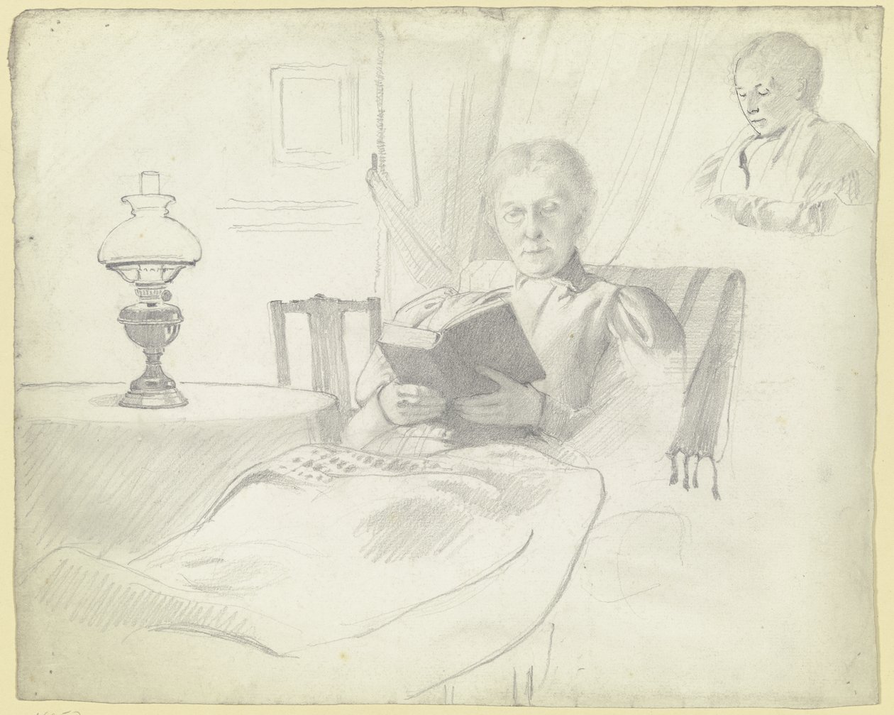 Luise Scholderer leyendo con mesa y lámpara, busto de una figura femenina al fondo de Otto Scholderer