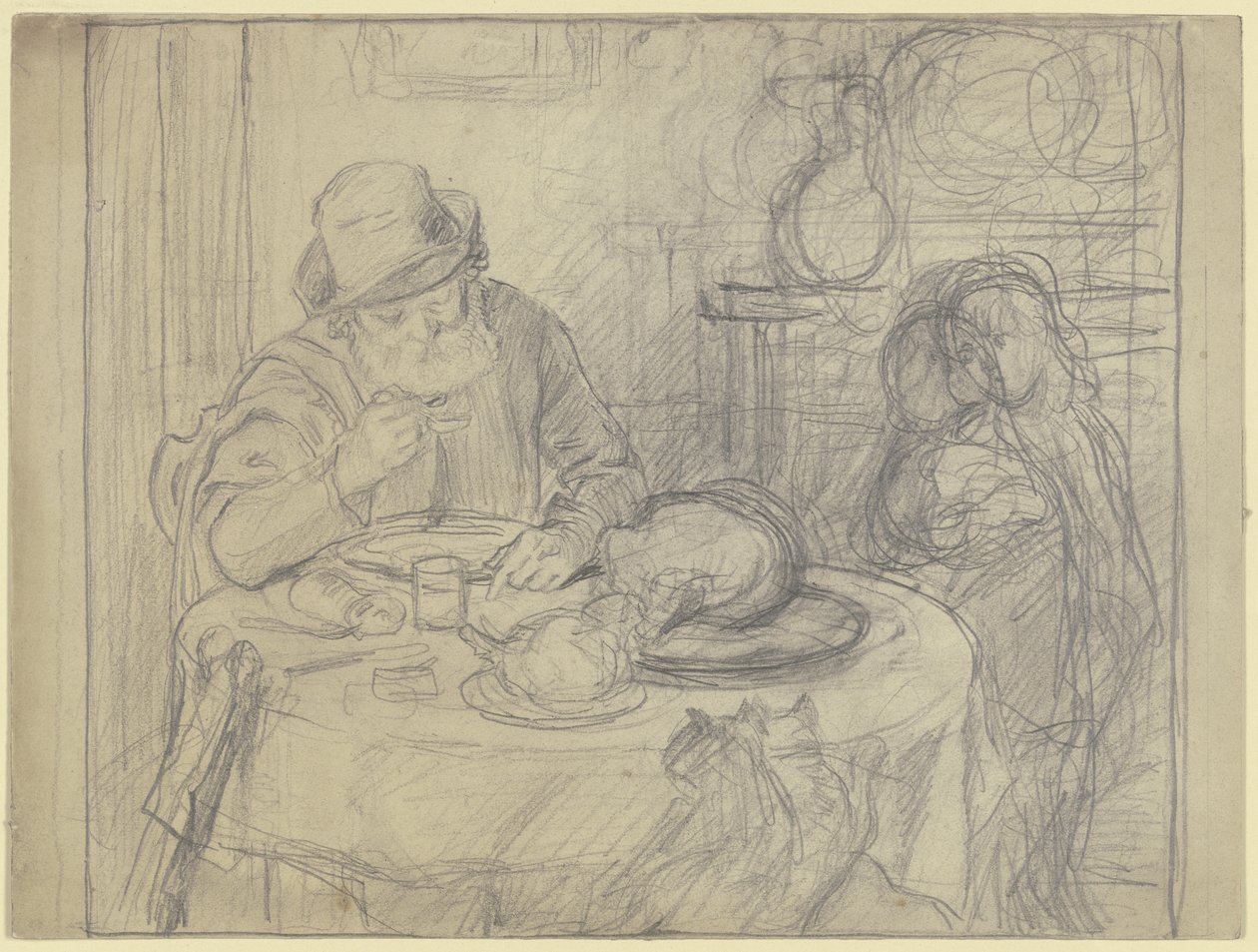Hombre a la mesa de comedor con niño y gato de Otto Scholderer