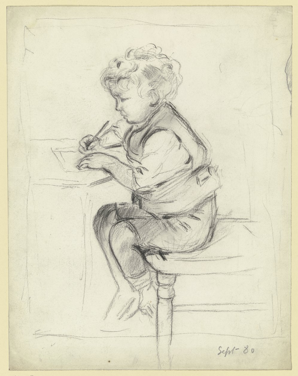 Niño escribiendo, de perfil hacia la izquierda de Otto Scholderer