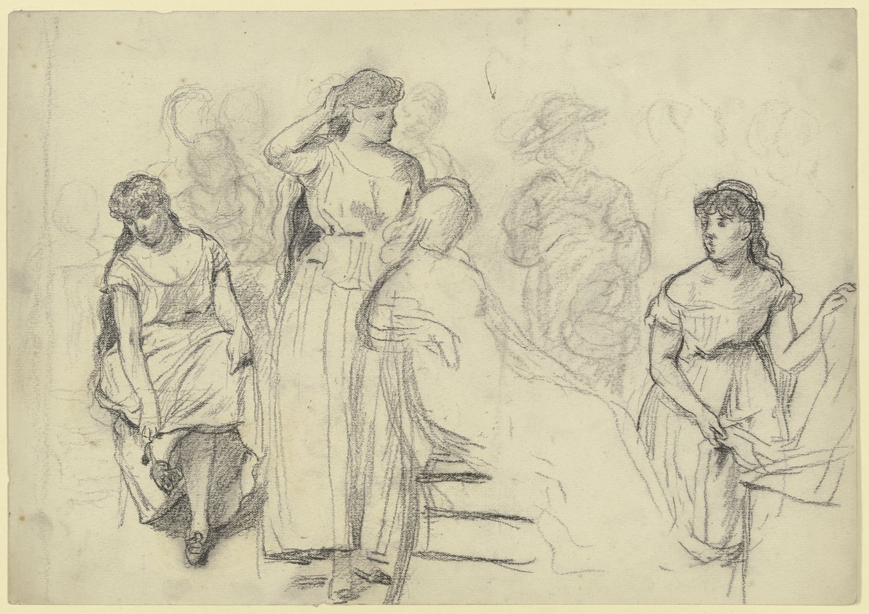 Personajes sentados y de pie de la «Preparación para el baile de disfraces» de Otto Scholderer