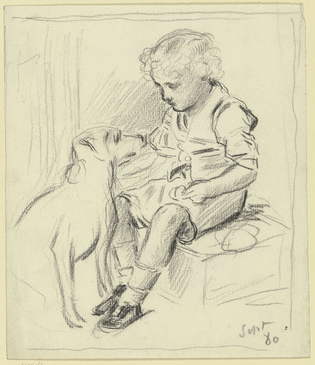 Niño sentado con perro sentado de Otto Scholderer