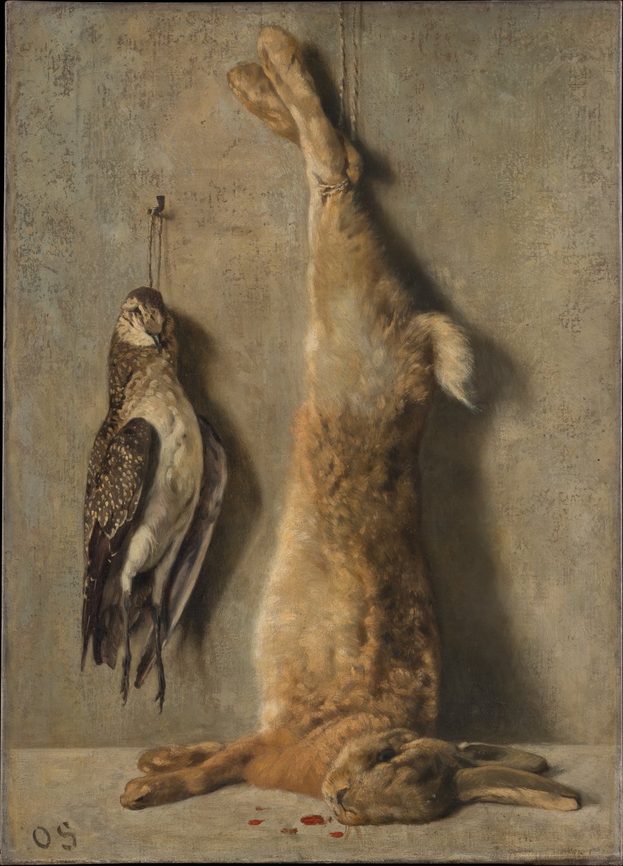 Naturaleza muerta con una liebre muerta y una gallina de Guinea frente a una pared gris de Otto Scholderer