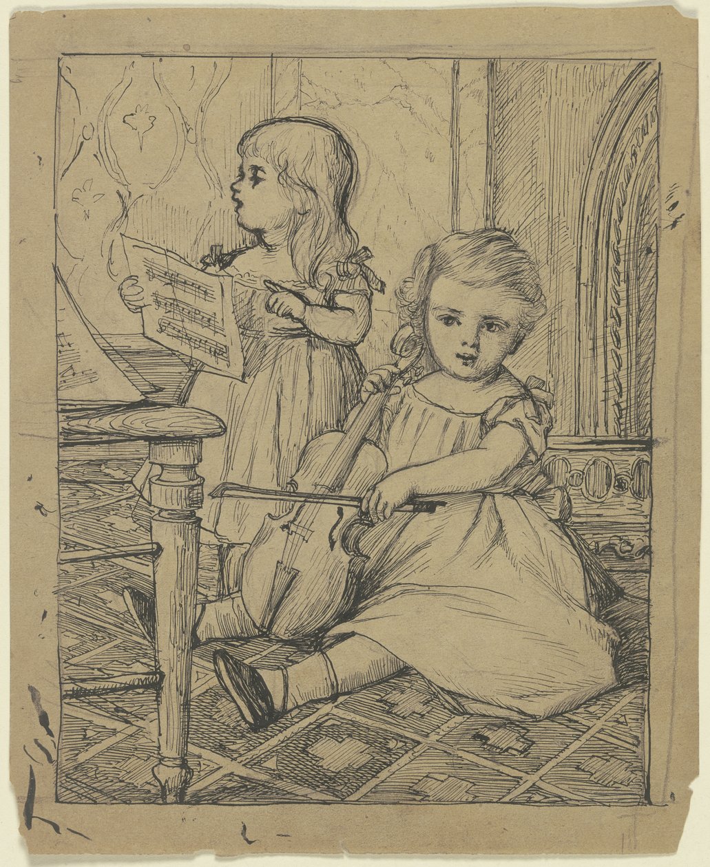 Dos niños tocando música de Otto Scholderer