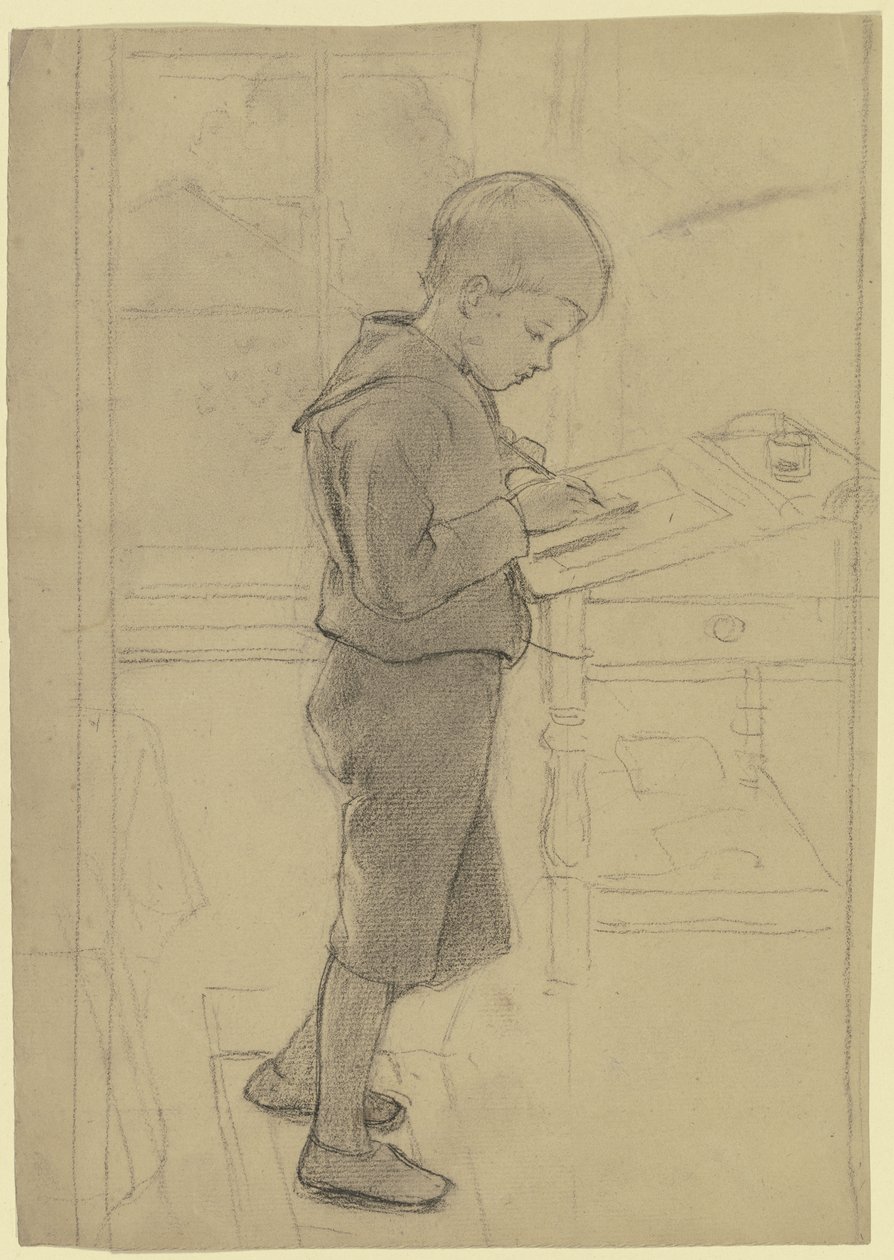 Victor Scholderer de pie ante un escritorio de Otto Scholderer