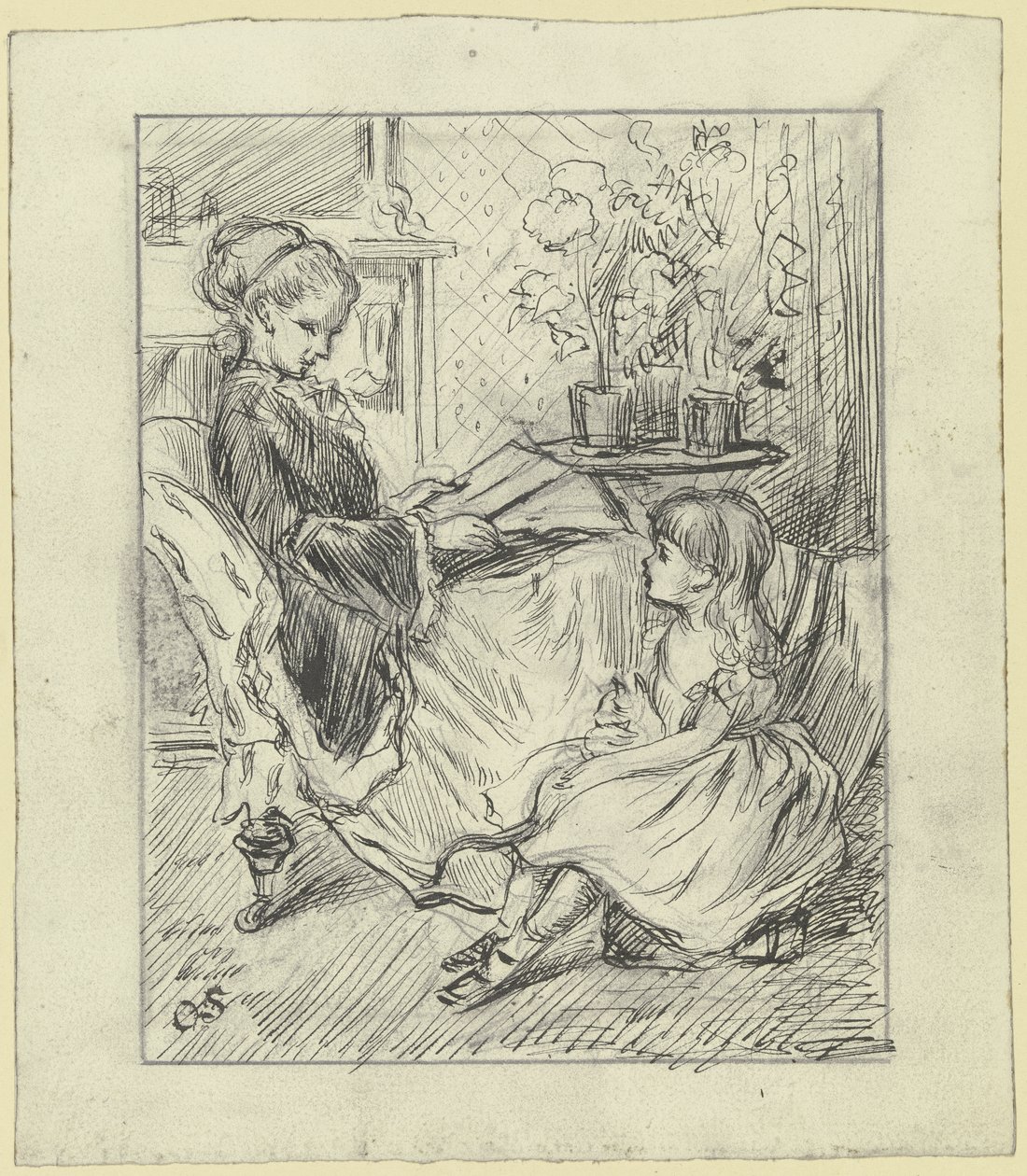 Mujer con niño leyendo en voz alta de Otto Scholderer