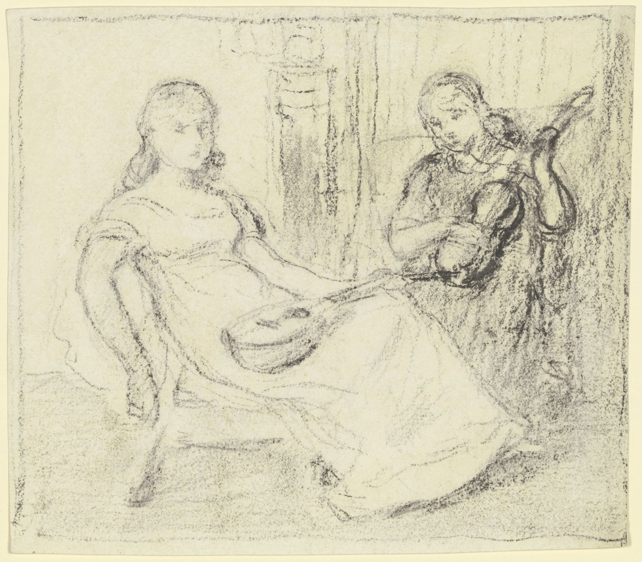Dos muchachas con instrumentos de cuerda y de cuerda pulsada de Otto Scholderer