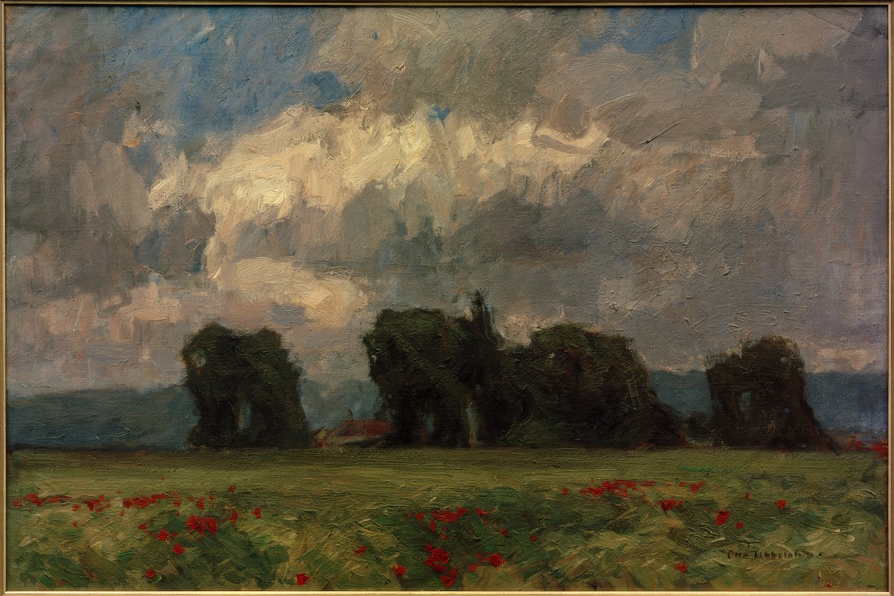 Paisaje oscuro de álamos con amapolas de Otto Ubbelohde