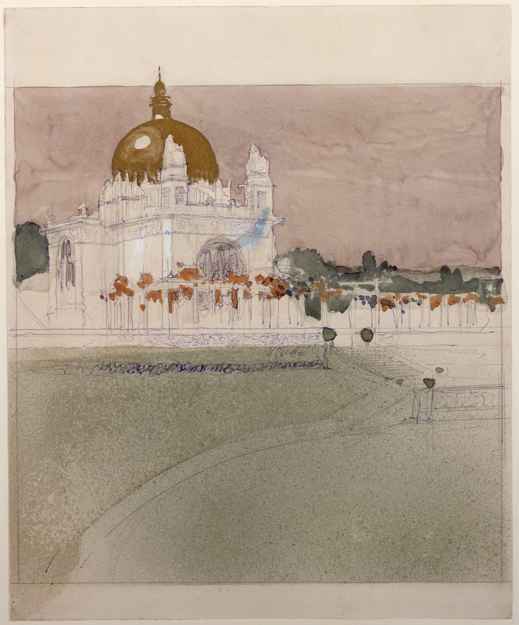 Iglesia del Asilo Steinhof, hospital central de Viena para enfermos mentales ... (lápiz, pluma, tinta y aguada) de Otto Wagner