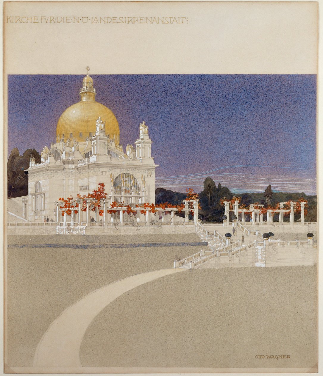 Iglesia del Asilo Steinhof, hospital central de Viena para enfermos mentales ... (lápiz, pluma, tinta y aguada) de Otto Wagner