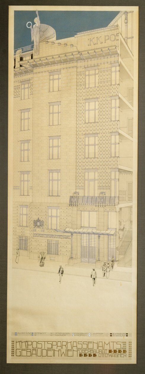 Diseño para el concurso de la Caja Postal de Ahorros de Viena ... (pluma y tinta negra, lápiz azul, pintura dorada) de Otto Wagner