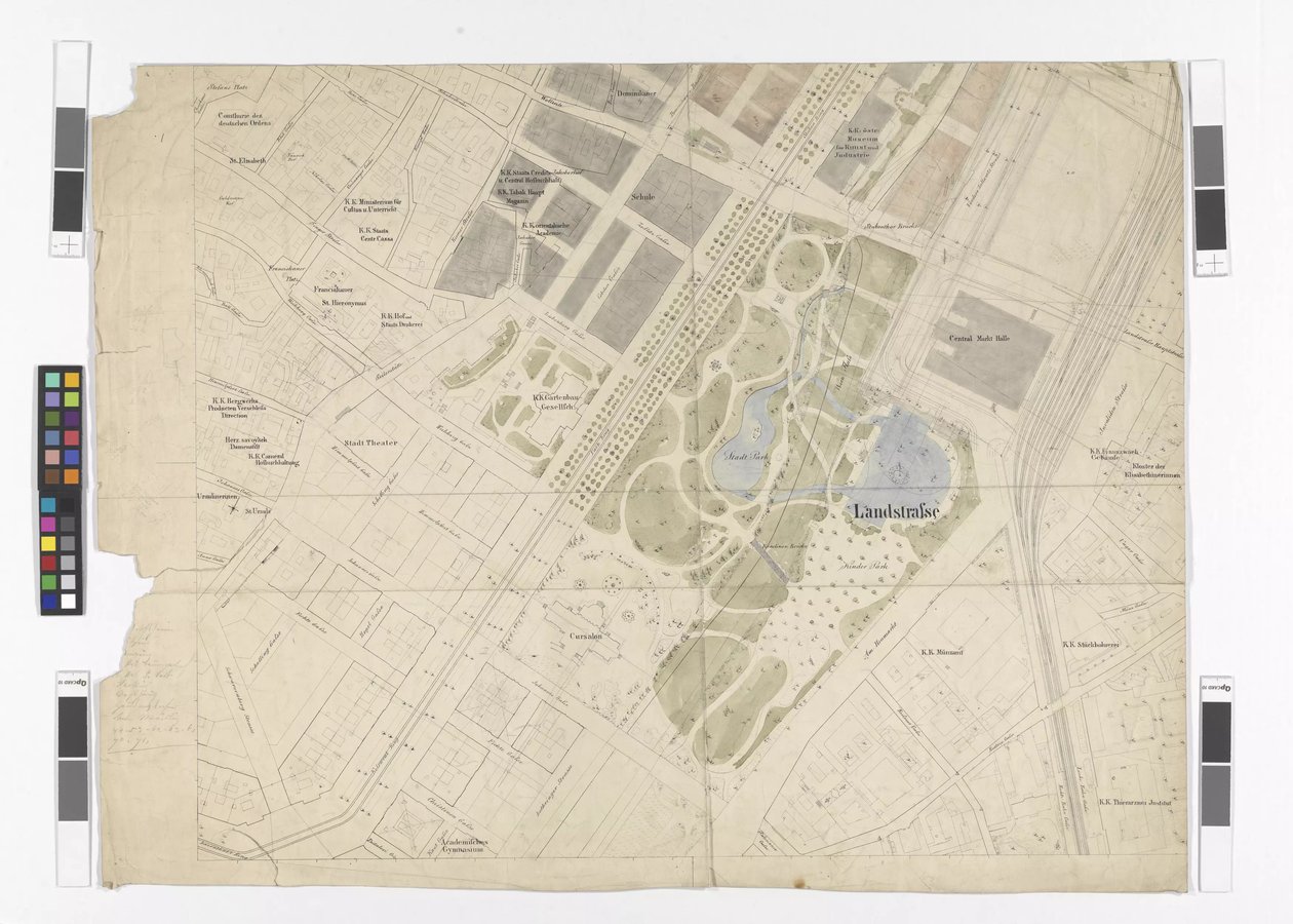 Plan general de regulación: extracto de hoja cartográfica de la parte oriental de la Ciudad Interior y de la Ringstraße, parque municipal y mercado central de Otto Wagner