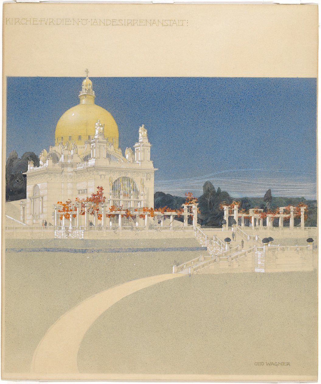 Iglesia de San Leopoldo en Steinhof, proyecto para concurso, perspectiva de Otto Wagner