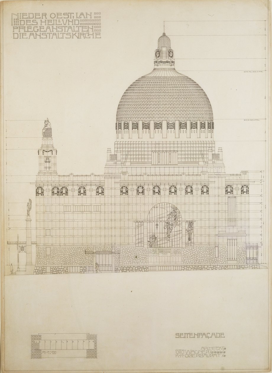 Boceto de la iglesia de Steinhof, el hospital central de Viena para enfermos mentales ... de Otto Wagner