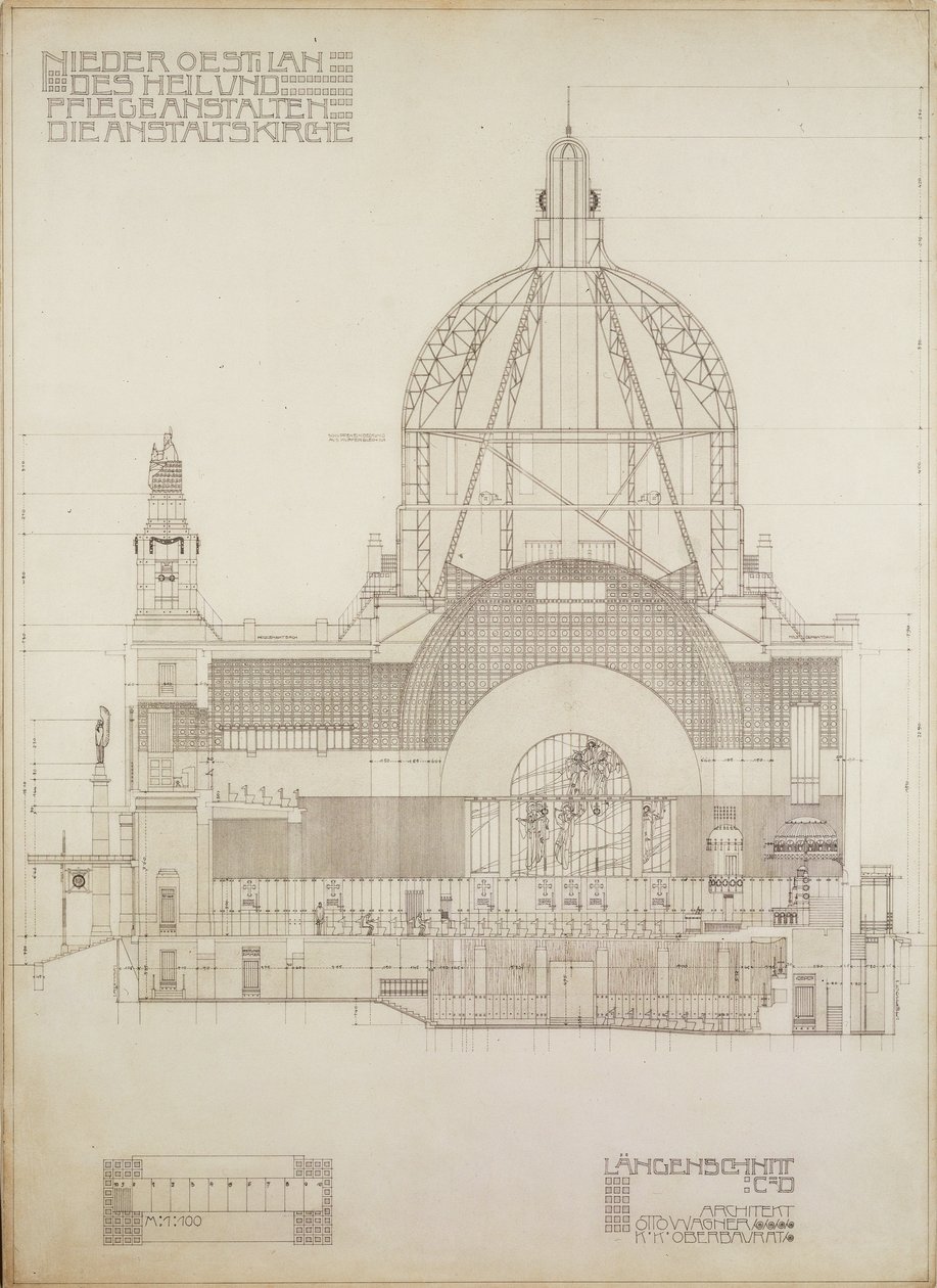 Proyección vertical de la iglesia de Steinhof, el hospital central de Viena para enfermos mentales ... de Otto Wagner