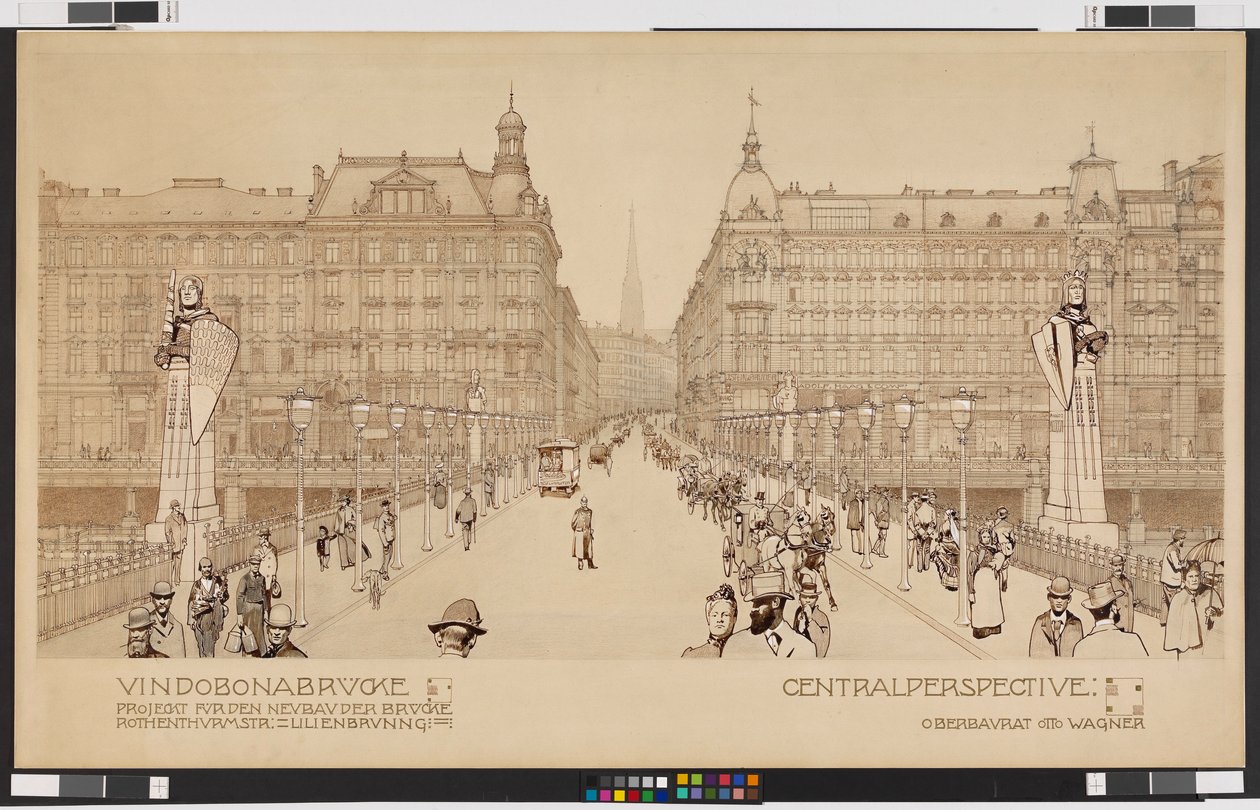 Puente Vindobona / Proyecto para la nueva construcción del puente Rothenthurmstraße - Lilienbrunngasse. Perspectiva central de Otto Wagner