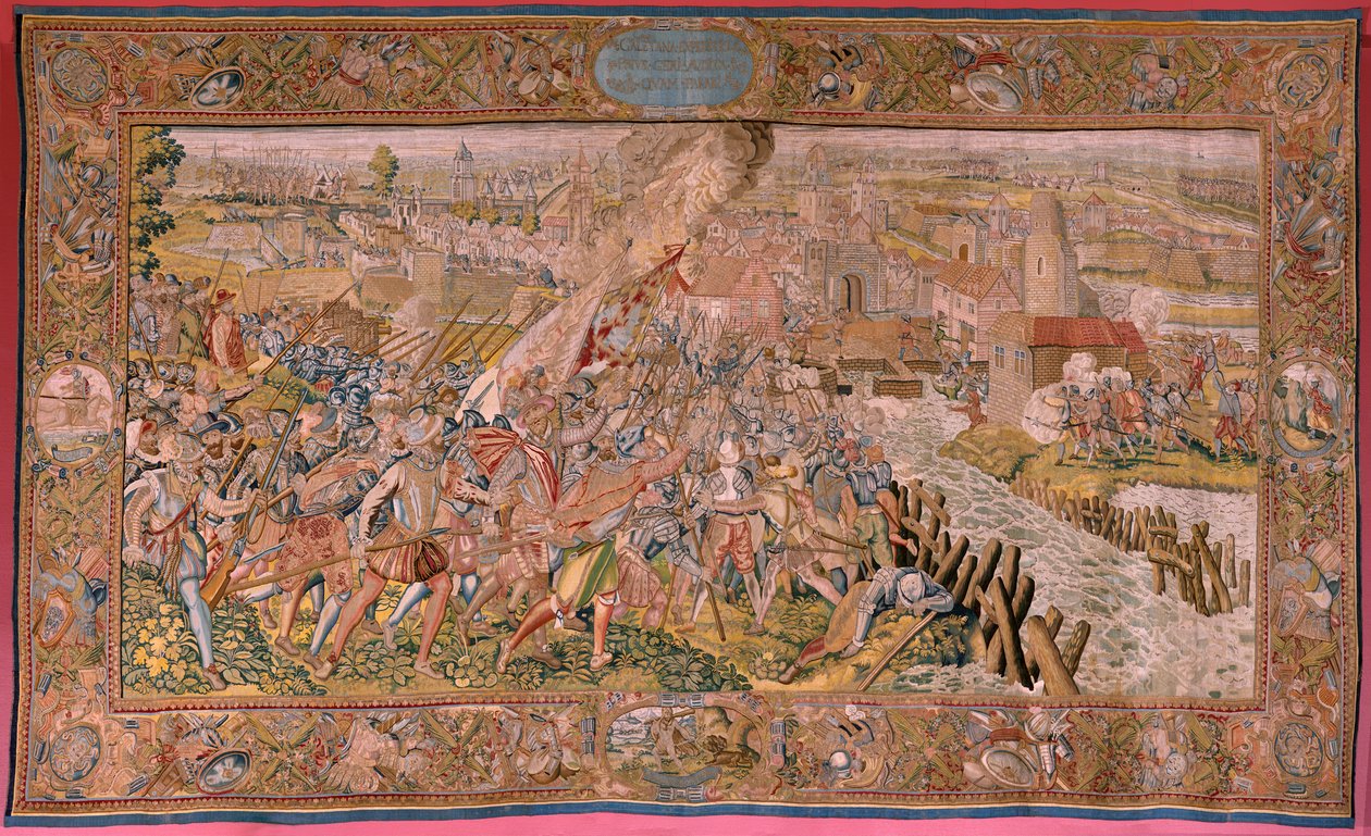 Tapiz flamenco. Serie Triunfos y batallas del Archiduque Alberto. Sorpresa en Calais (La sorpresa de Calais). Primer tapiz de la serie. Modelo Otto van Veen y Hans I Snellinck. Fabricación Martin Reynbouts, Bruselas. 1597-1599. Tela Oro, plata, si de Otto van Veen