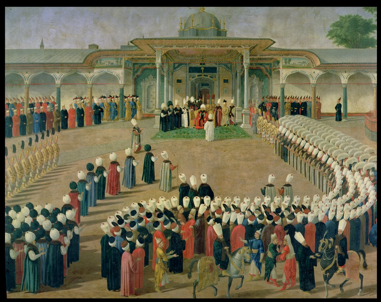 Recepción en la corte del sultán Selim III (1761-1807) en el Palacio de Topkapi, finales del siglo XVIII de Ottoman School