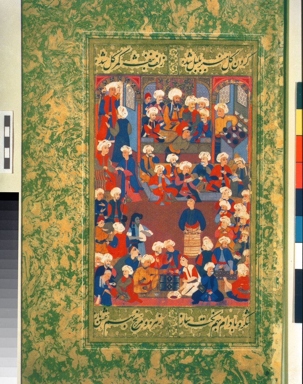 Ms 439 f.9r Escena de banquete con hombres bebiendo café, invitados de honor sentados en un nicho, entretenidos por tres músicos, mientras un anciano se enferma, de un álbum de pintura y caligrafía de Ottoman School