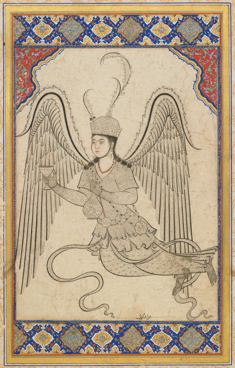 Ángel volador con copa y cantimplora (Tinta, aguada de color y oro sobre papel) de Ottoman School