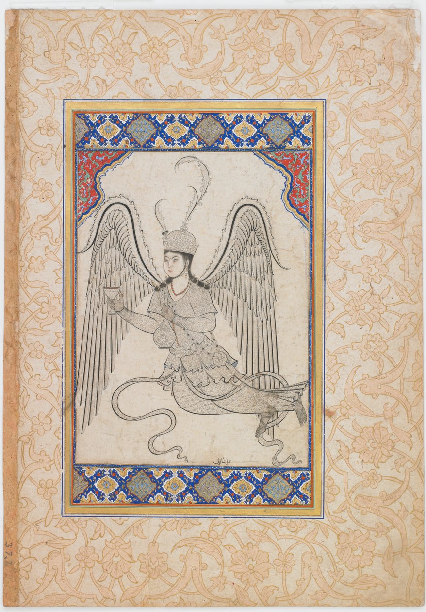 Ángel volador con copa y cantimplora (Tinta, aguada de color y oro sobre papel) de Ottoman School