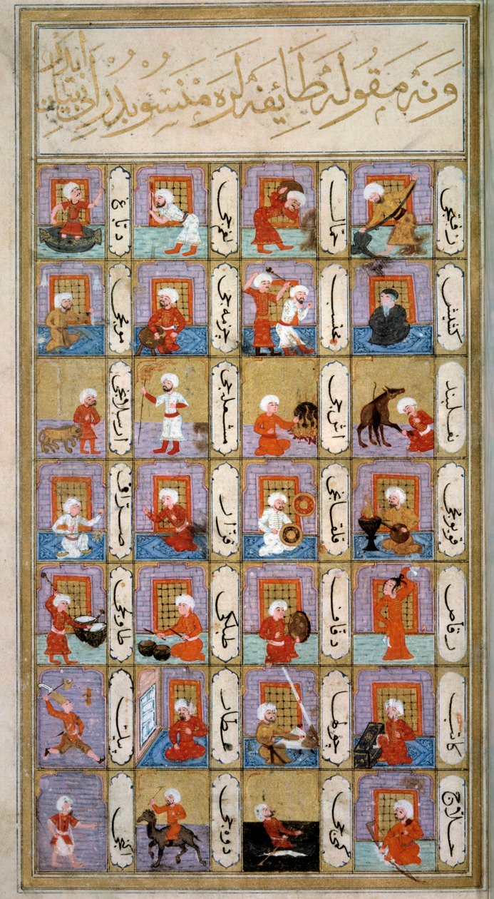 Astrología: representación de las diferentes actividades del hombre según los planetas: músico, carpintero, tejedor, fabricante de camellos, copista, pintor, sastre. Miniatura del manuscrito otomano 242 “Matali 